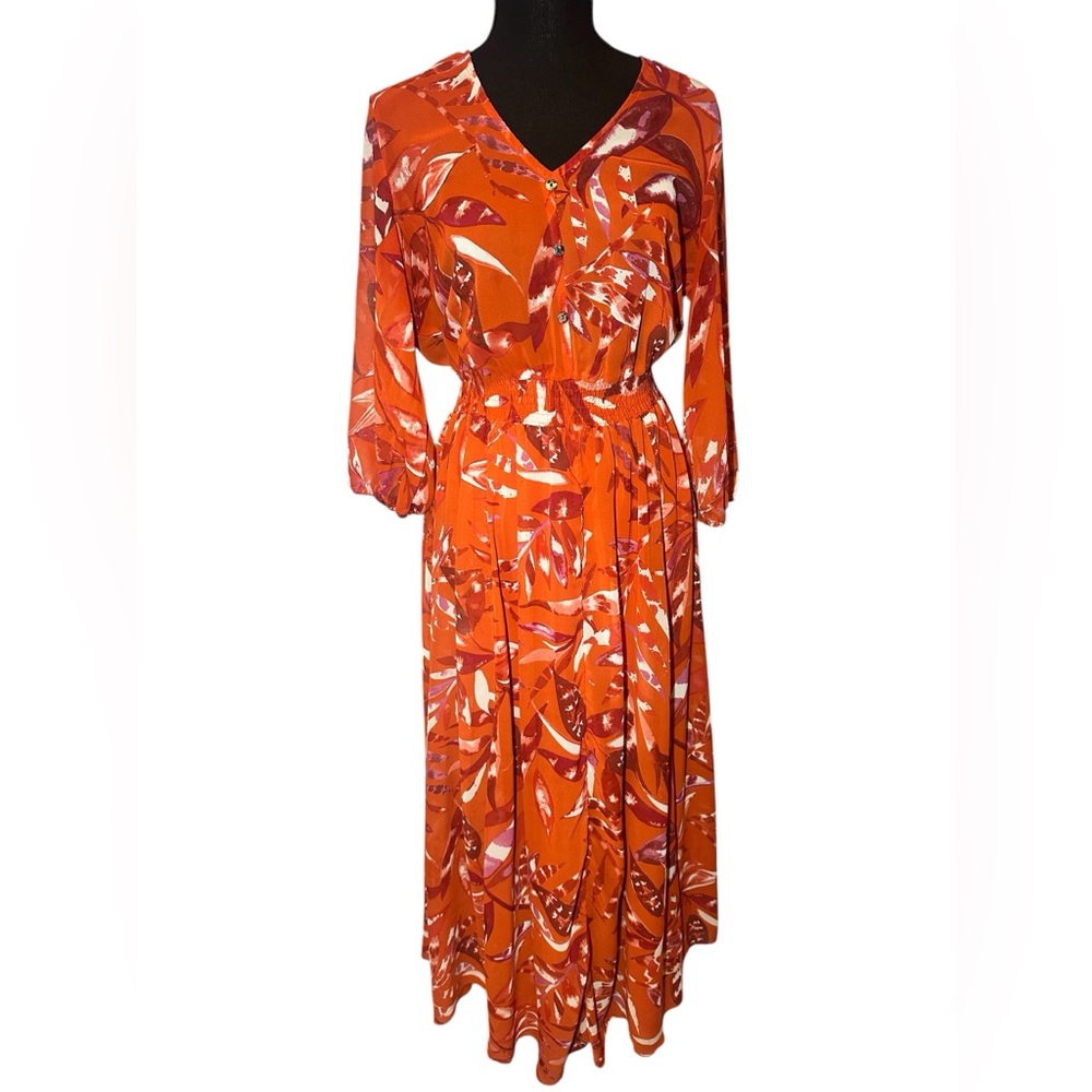 Enfocus Studio Orange Abstract Print Long Sleeve Midi Dress with V-Neck